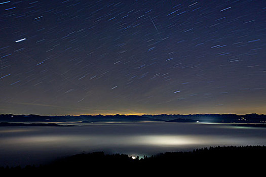 星迹,高,雾,奥地利,阿尔卑斯山,夜晚,山,欧洲