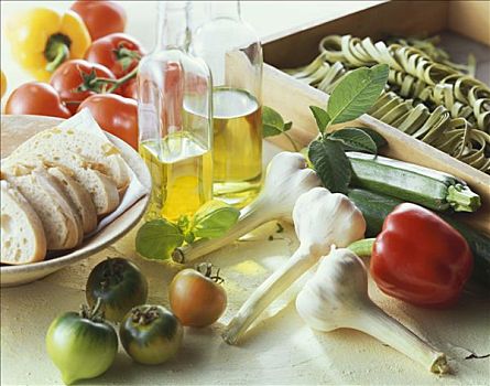 静物,地中海,蔬菜,面包,橄榄油,意大利面