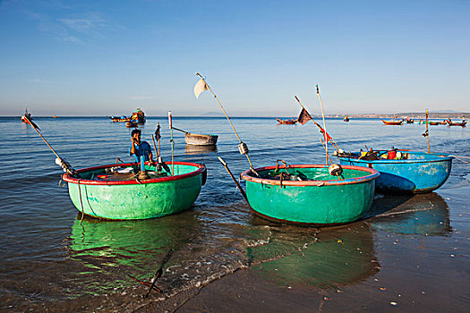 越南,美尼,海滩,渔民,渔船