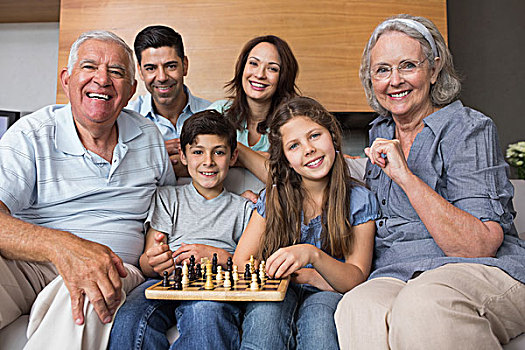 头像,高兴,大家庭,玩,下棋,客厅
