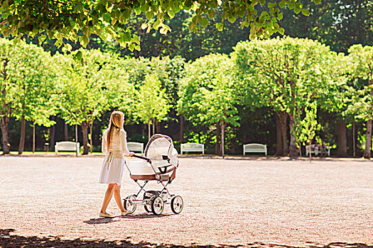 家庭,孩子,亲子,概念,高兴,母亲,走,婴儿车,公园,背影