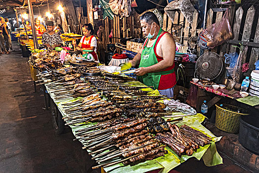 种类,烹饪,老挝,食物,售出,货摊,流行,晚间,食品市场,琅勃拉邦