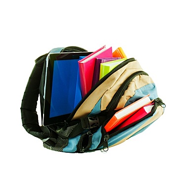 背包,彩色,书本,平板电脑,白色