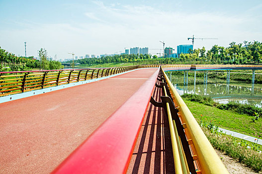 晴朗天气环境中有彩色护栏的步道桥梁局部