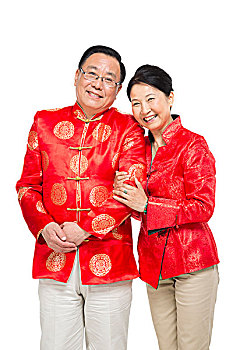 棚拍中國(guó)新年快樂(lè)的唐裝老年夫妻