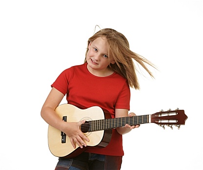 女孩,弹吉他,白色背景