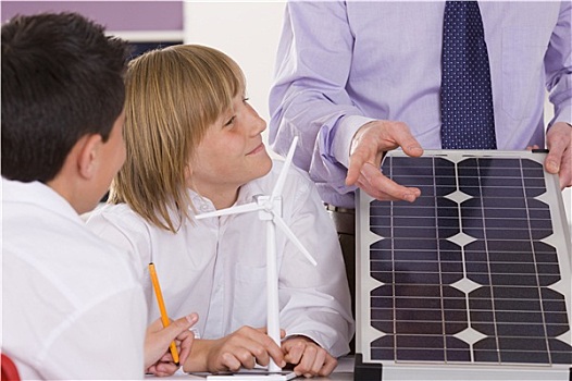 学生,听,教师,解释,太阳能电池板,风轮机,教室