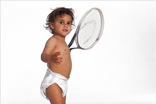孩子,婴儿,网球拍,球座,尿布