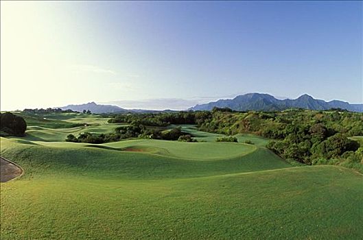 夏威夷,考艾岛,普林斯维尔,胜地,王子,高尔夫球场,茂密,绿色植物,山峦