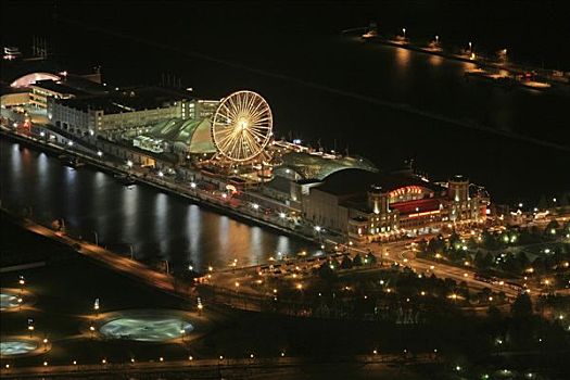 海军码头,摩天轮,夜晚,芝加哥,伊利诺斯,美国