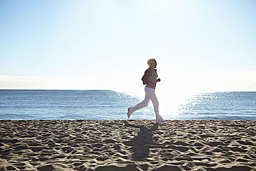 成年,女人,慢跑,海滩