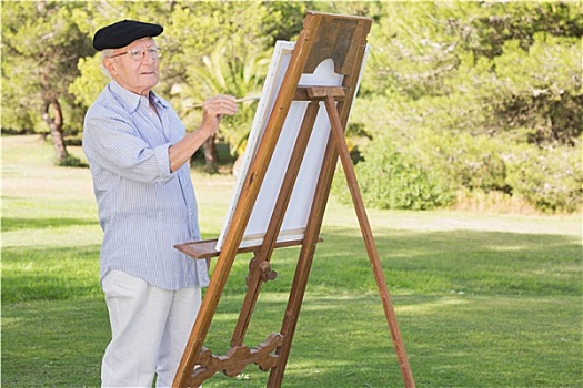 老人,贝雷帽,上油漆,公园,画架