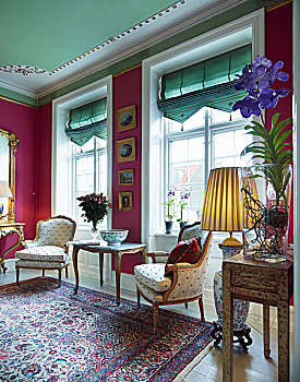 休闲椅,边桌,正面,格子,窗户,罗马,百叶窗,粉色,墙壁,室内