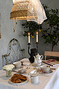 早餐桌,瓷器,仰视,藤条,灯罩