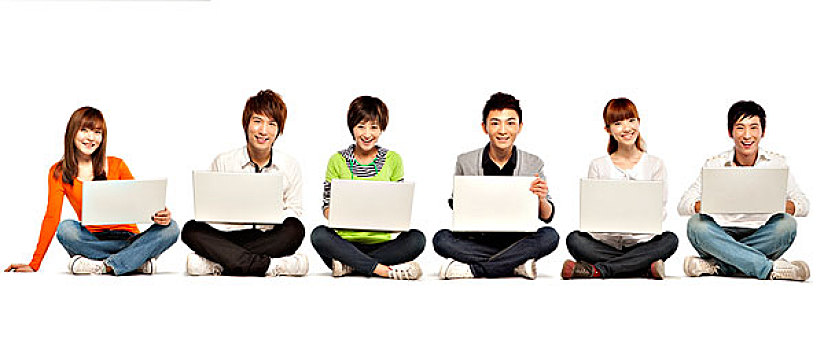 年轻人,坐,排列,笔记本电脑