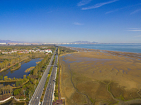 秦皇岛,北戴河,鸽子窝,湿地,大潮坪,赤土山,大桥,航拍,俯拍,自然