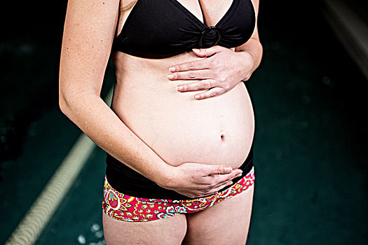 孕妇,接触,腹部,靠近,游泳池