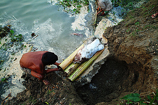 小孩,掩埋,旁侧,堤,孩子,香蕉,筏子,孟加拉,七月,2004年