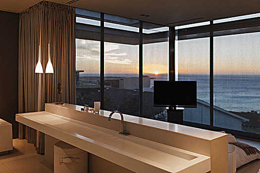 现代,水槽,卧室,远眺,海洋,日落