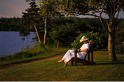 女人,放松,椅子,书本,爱德华王子岛,国家公园,加拿大