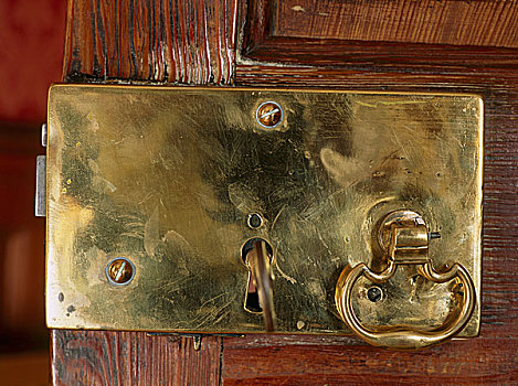 特写,传统,黄铜,锁,钥匙
