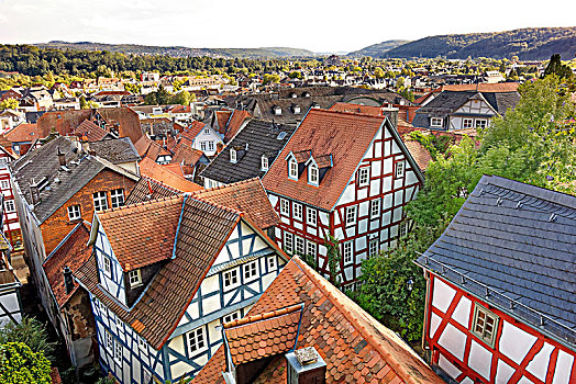 风景,上方,红色,屋顶,半木结构房屋,老城,黑森州,德国,欧洲