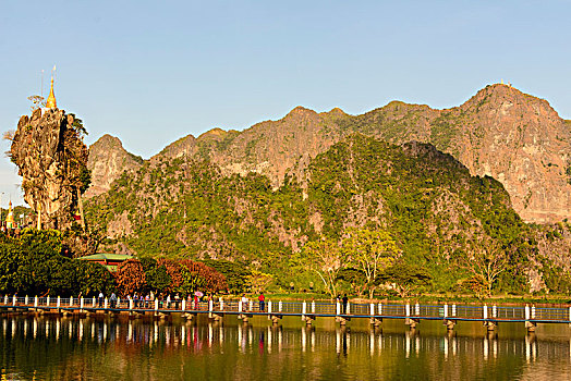 佛教,寺院,塔,湖,山,克伦邦,缅甸