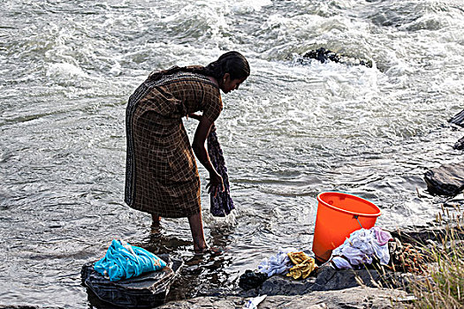 女人,洗,衣服,河,印度南部,印度,亚洲