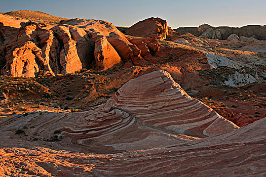 日落,岩石构造,火焰谷州立公园,内华达,美国