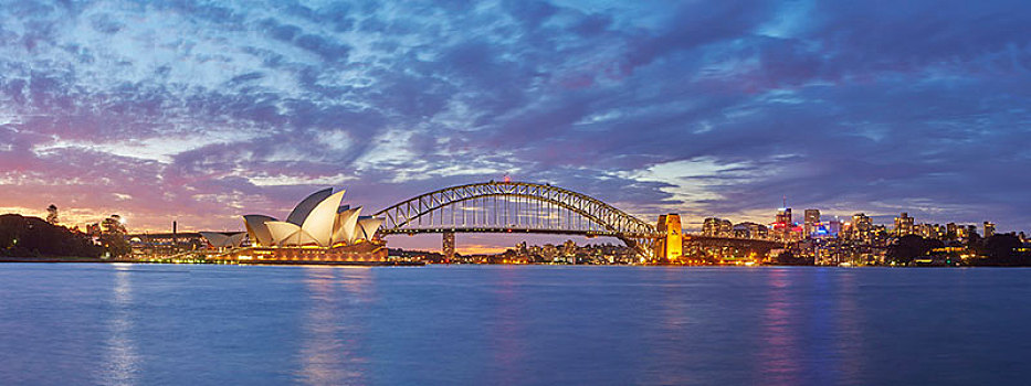 悉尼歌剧院,悉尼港大桥,摩天大楼,黃昏,悉尼,新南威尔士,澳大利亚,大洋洲