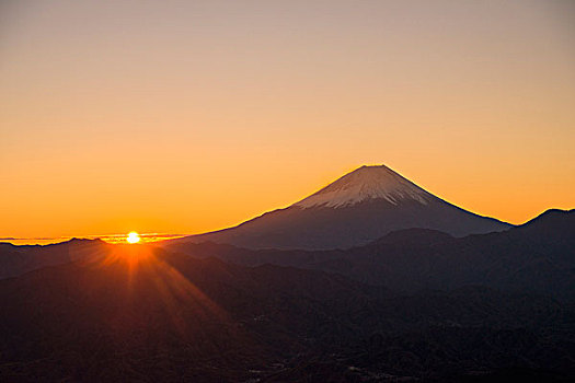 山,富士山,日出,城市,山梨县,日本