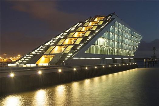 现代办公室,建筑,易北河,汉堡港,夜晚,汉堡市,德国
