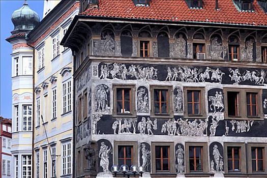 布拉格,老城广场,房子,装饰,16世纪,年轻