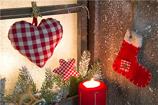 手制,圣诞节,木质,窗饰,心形,红色,蜡烛