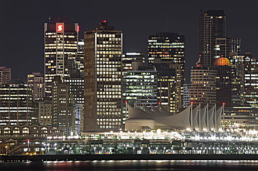 加拿大,地点,高层建筑,夜晚,市区,温哥华,不列颠哥伦比亚省