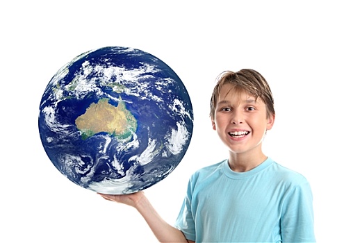 微笑,孩子,拿着,我们,世界,星球,展示,澳大利亚,大洋洲