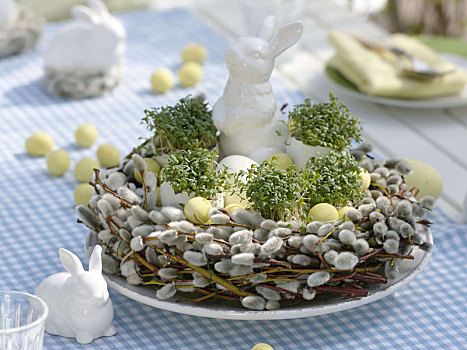 复活节餐桌,装饰,水芹,蛋,银柳