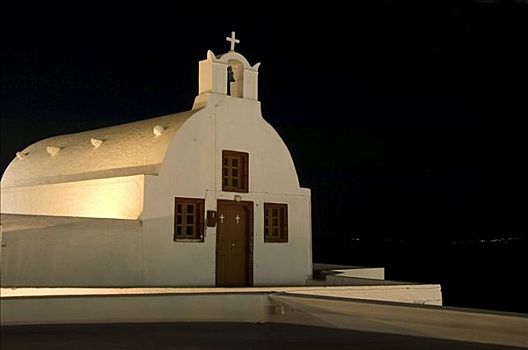 小教堂,夜晚,锡拉岛,基克拉迪群岛,爱琴海,希腊