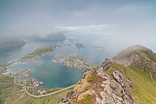 俯视,湖,海洋,模糊,天空,岩石,顶峰,山,莫斯克内斯,罗浮敦群岛,挪威,欧洲