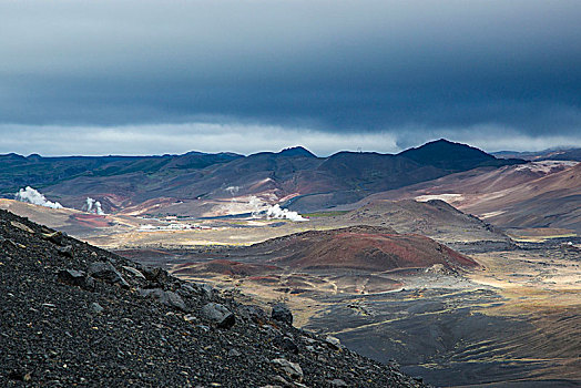 冰岛,生动,亮光,上方,火山,白云,地热,黑色,云,褐色,山,太阳