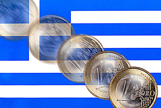希腊,国家,旗帜,落下,欧元,硬币,象征,赤字