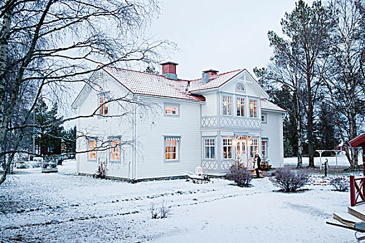 白色,瑞典人,房子,光亮,窗户,冬天,风景