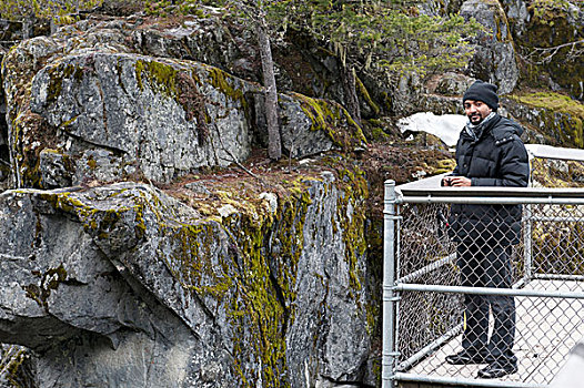 一个,男人,站立,围栏,瞭望点,石头,碧玉国家公园,艾伯塔省,加拿大