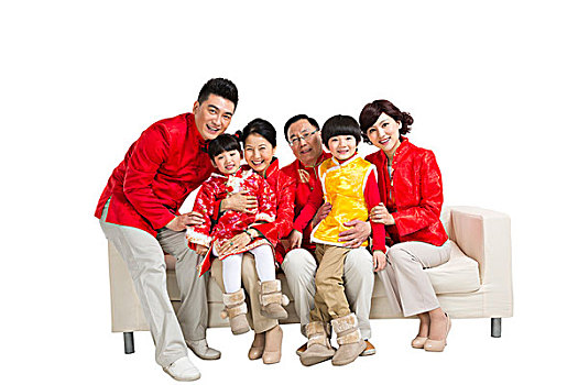 棚拍中国新年快乐的唐装家庭