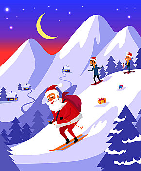 圣诞节,圣诞老人,红色,包,礼物,滑动,雪山,晚间,矢量,卡通,插画,山,遮盖,雪,人,滑雪,房子,云杉,公寓,风格