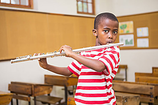 可爱,学生,演奏,笛子,教室