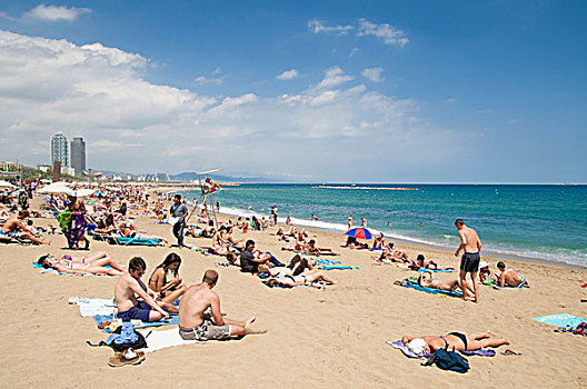 海滩,巴塞罗那,加泰罗尼亚,西班牙,欧洲