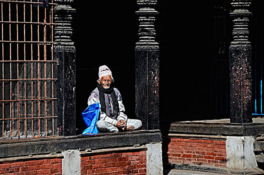 尼泊尔,加德满都,帕坦,杜巴广场,老,男人,坐