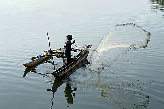 渔民,船,渔网,泻湖,斯里兰卡