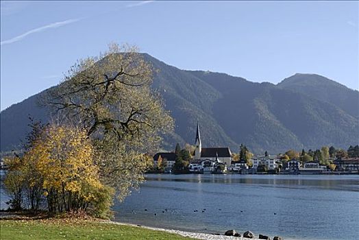 泰根湖,上巴伐利亚,德国,半岛,仰视,山